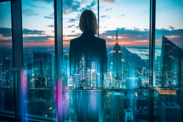 Poster - A figure gazes over Hong Kong's cityscape in a striking double exposure effect, blending urban architecture with a sense of vision and ambition against a twilight sky.
