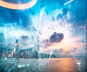 Poster - Hong Kong urban scene uses double exposure, blending city skyline with a person's profile against a vibrant sky and water.