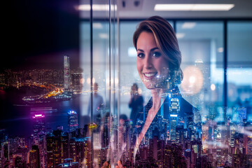 Poster - Confident businesswoman portrait with Hong Kong skyline double exposure. Modern office setting with urban city lights overlay.