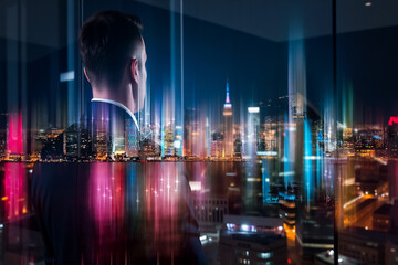 Poster - A person observes the illuminated Hong Kong cityscape at night. Double exposure adds a dynamic, layered perspective to the urban scene.