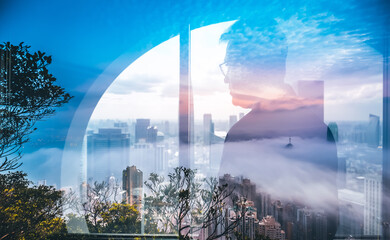 Poster - Double exposure art of a person looking over Hong Kong. City skyline blends with a silhouette against a bright sky and clouds. Urban scenery.