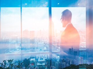 Poster - A contemplative figure gazes over Hong Kong's cityscape, using double exposure to blend ambition with urban panorama through a window view.