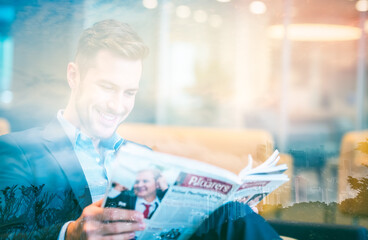 Aufkleber - Smiling man reads newspaper with double exposure of Hong Kong cityscape. Bright indoor setting with modern feel.
