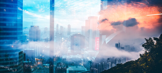 Poster - Double exposure Hong Kong cityscape view. Merging urban buildings with natural mountain and sky in blended effect.