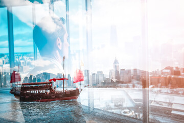 Aufkleber - Double exposure of a person looking out over Hong Kong cityscape with a traditional junk boat sailing on water, creating a dreamy, layered scene.