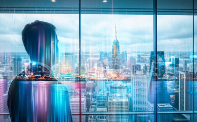 Poster - A person observes the Hong Kong cityscape with a double exposure effect, blending urban life with contemplation.