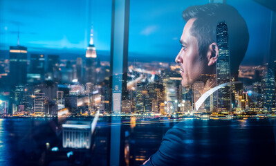 Aufkleber - A double exposure merges a man looking out a window with a vibrant Hong Kong cityscape at night, creating a thoughtful and modern urban scene.
