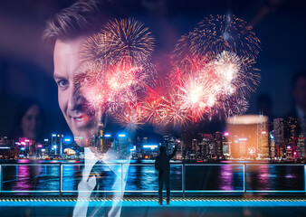 Aufkleber - A double exposure image blending a smiling man's portrait with Hong Kong's vibrant cityscape and fireworks display. A figure gazes at the illuminated skyline.