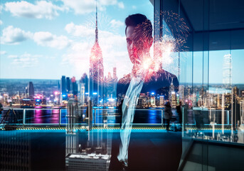 Fototapete - Dreamy double exposure art blends a person's silhouette with the dazzling Hong Kong cityscape at night, creating a modern, urban perspective.