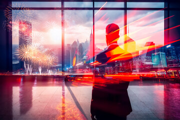 Poster - A double exposure image blends a silhouetted person in an office setting with the vibrant cityscape of Hong Kong at night, featuring dazzling fireworks.