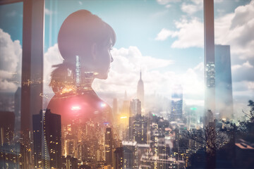 Poster - Woman gazes at Hong Kong cityscape in double exposure. City lights blend with sky for a dreamy, contemplative scene. Urban skyline and nature merge.