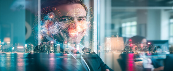 Aufkleber - A double exposure shot features a confident businessman layered with a vibrant Hong Kong cityscape at night, showcasing urban energy and ambition.