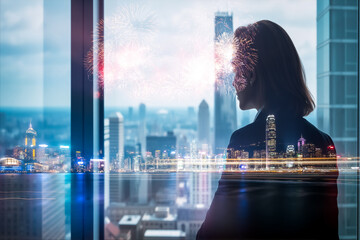 Aufkleber - Silhouette views Hong Kong skyline with fireworks in double exposure. Day and night urban scenes are blended behind glass.