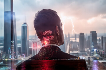 Poster - A double exposure image shows a man in a suit gazing at the Hong Kong cityscape. Fireworks overlay his form as a dramatic sky with lightning illuminates the urban view.