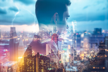 Poster - Double exposure artfully blends a man's silhouette with a vibrant Hong Kong cityscape at night. City lights and modern architecture create a thoughtful, urban scene.