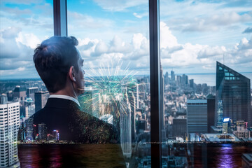 Poster - A man gazes at the Hong Kong cityscape from a high window. Double exposure artfully layers urban scenes, modern buildings, creating a thoughtful city view.