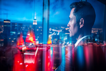 Poster - A man in a suit gazes at the Hong Kong cityscape at night. A double exposure effect merges his profile with the vibrant, illuminated urban view from a window.