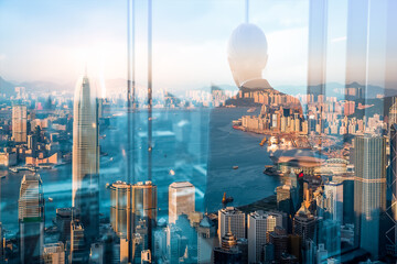 Fototapete - Hong Kong cityscape with skyscrapers is viewed in double exposure with a person silhouette, creating an urban and modern scene.