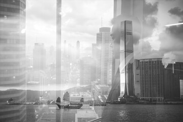 Poster - Monochromatic double exposure showcasing Hong Kong's skyline, blending modern skyscrapers with traditional boats in a layered, artistic urban view.