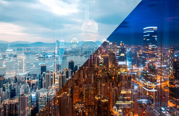 Poster - Hong Kong cityscape with double exposure effect shows day and night views. Skyscrapers and urban density are prominent in this layered, panoramic scene.