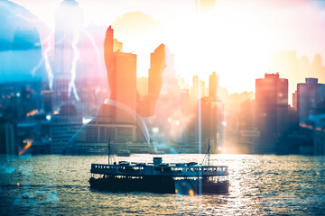 Poster - Hong Kong cityscape with boat on water under bright sunlight. Double exposure effect with a person's silhouette over the city skyline.