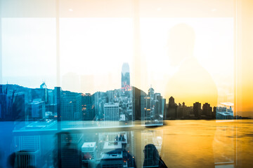 Poster - A double exposure captures Hong Kong's cityscape, blending urban architecture with a subtle human silhouette, creating a dreamy and ethereal visual.