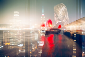 Aufkleber - A woman gazes over Hong Kong's cityscape in a double exposure effect, blending urban lights with a reflective silhouette against the night skyline.