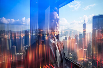 Fototapete - A contemplative person gazes over the Hong Kong cityscape in a double exposure image.  Urban buildings blend with a pensive face, creating a modern, layered portrait.