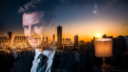 Fototapete - Double exposure artfully blends a smiling man's portrait with a golden sunset over Hong Kong's urban cityscape. City buildings and bright sky are visible.