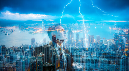 Aufkleber - A double exposure of Hong Kong cityscape with lightning strikes overlaid on a person in a suit, creating a surreal and powerful urban scene.