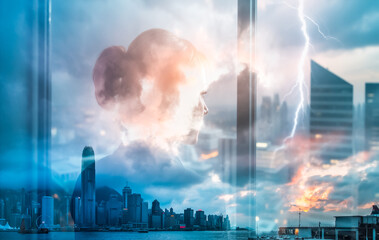 Poster - Double exposure image merging a human profile with a Hong Kong cityscape under a dramatic sky with lightning. Urban skyline and atmospheric mood are combined.
