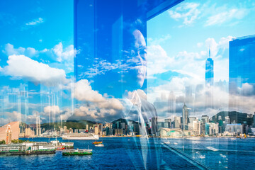 Poster - A double exposure image captures a person gazing out at the vibrant Hong Kong cityscape.  The scene blends a modern urban view with a reflective, contemplative mood.