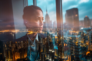 Aufkleber - A woman gazes thoughtfully over Hong Kong in double exposure, blending her silhouette with the vibrant cityscape at night.