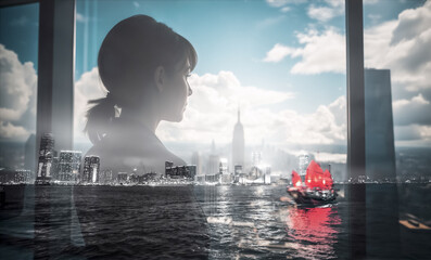 Aufkleber - A woman gazes at the Hong Kong skyline with traditional boat, in a dreamy double exposure blending city and figure.