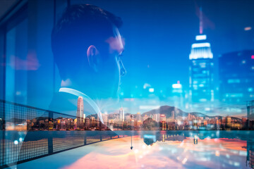 Poster - A contemplative person gazes over a vibrant Hong Kong cityscape at twilight, utilizing a double exposure effect to blend the individual with the urban panorama.