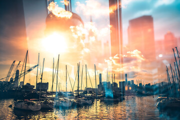 Poster - A double exposure blends Hong Kong's vibrant harbor with boats and a blurred cityscape under a bright sky, creating an artistic and dynamic urban scene.