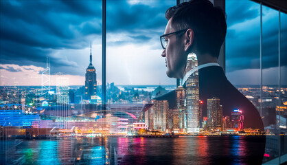 Poster - Contemplative businessman gazes over Hong Kong skyline. Double exposure effect merges his silhouette with the vibrant cityscape at night.