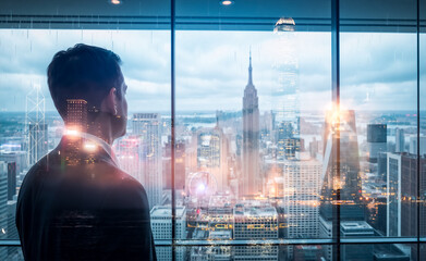 Aufkleber - A person observes the Hong Kong cityscape through a window. A double exposure technique creates a layered and dreamlike urban scene.