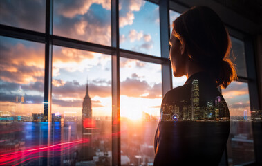 Poster - Woman gazes out a window at a vibrant sunset over Hong Kong in a double exposure. City skyline blends with her silhouette against the colorful sky.