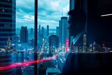 Poster - A contemplative silhouette gazes over the vibrant Hong Kong cityscape at night, using double exposure to blend the urban lights with a sense of introspection.