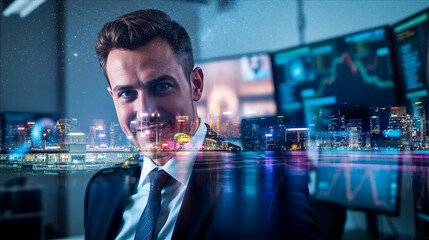 Poster - Smiling businessman portrait with double exposure of Hong Kong cityscape. Financial graphs displayed on monitors in background. Modern professional look.