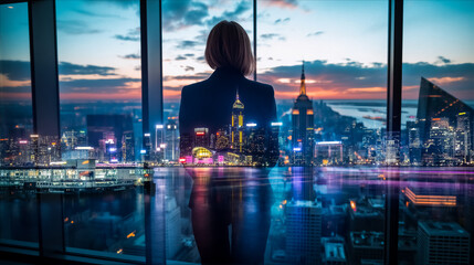 Aufkleber - A woman's silhouette overlooks the Hong Kong skyline in double exposure. City lights and twilight blend with her form against a panoramic window view.