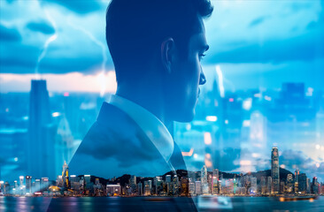 Poster - A man in a suit gazes over Hong Kong's skyline in a double exposure image. City lights glow against a twilight sky, creating a thoughtful and modern scene.