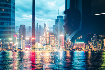 Poster - double exposure of hong kong cityscape and a man in suit looking out, city lights reflect on water c