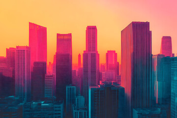 Poster - a city skyline in risograph print, where buildings have exaggerated proportions, heavy ink textures,