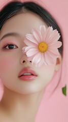 Poster - A young woman poses gracefully, one half of her face adorned by a large pink flower. The soft pastel pink background accentuates her gentle elegance and serene expression