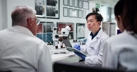 Leinwandbilder - Science, tablet and talking with people in laboratory together for collaboration or discussion. Healthcare, medical and report with team at work on clinical trial for feedback, innovation or research