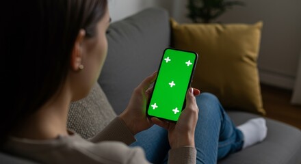 Woman using phone with green screen.