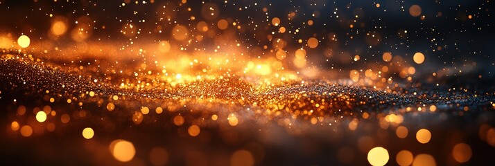 Aufkleber - Grainy gold black background with golden particles falling in the foreground. gold dust falls is scattered across the entire frame, Wide background