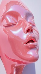 Poster - A vibrant pink face sculpture showcases smooth, glossy features, highlighting artistic expression in a modern gallery. The intricate details invite viewers to appreciate beauty and craftsmanship